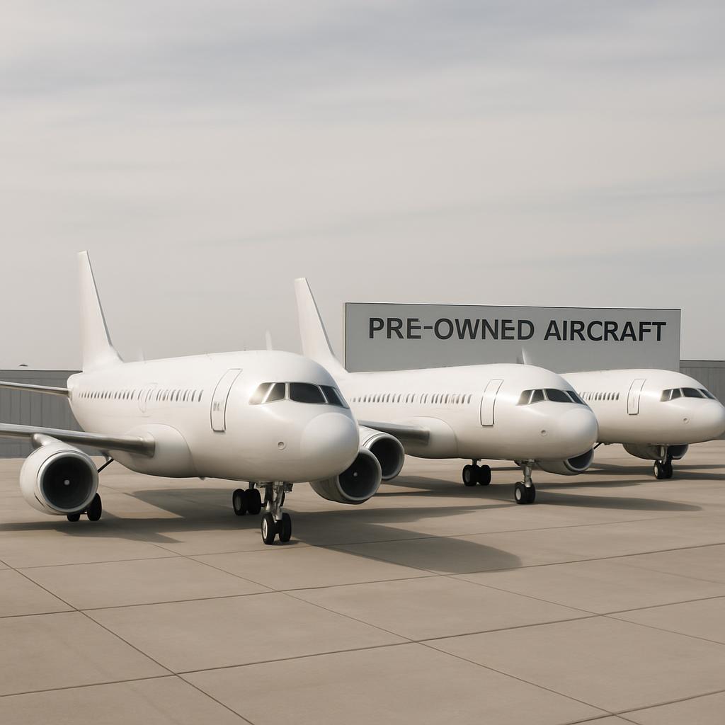 A row of white passenger aircraft taxis toward the pre-owned aircraft gate.