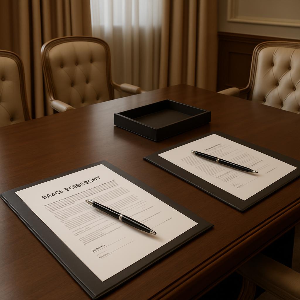 Two documents with a pen on top placed on a wooden conference table surrounded by tan leather chairs in an upscale boardro...